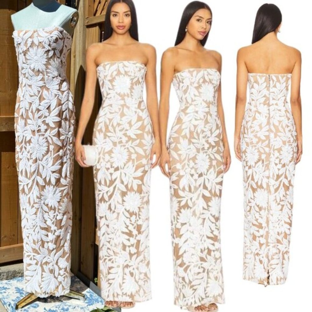 🆕 BRONX & BANCO 🧿 NWOT Dahlia Gown, White Sequin Floral Gown - Sz L US 8